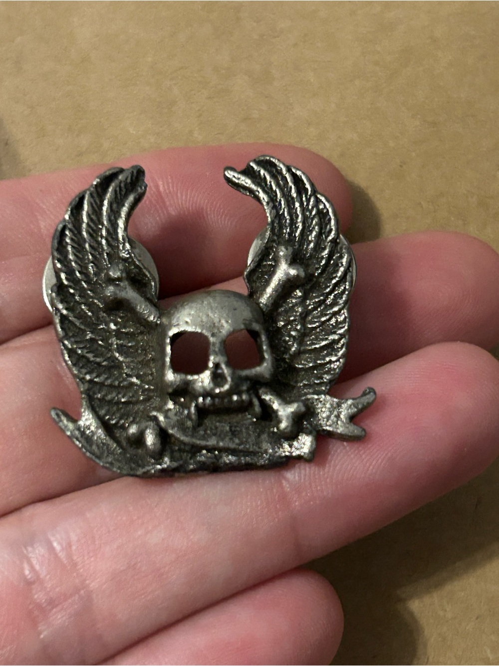 Winged Skull Metal Pin — Silver Tone